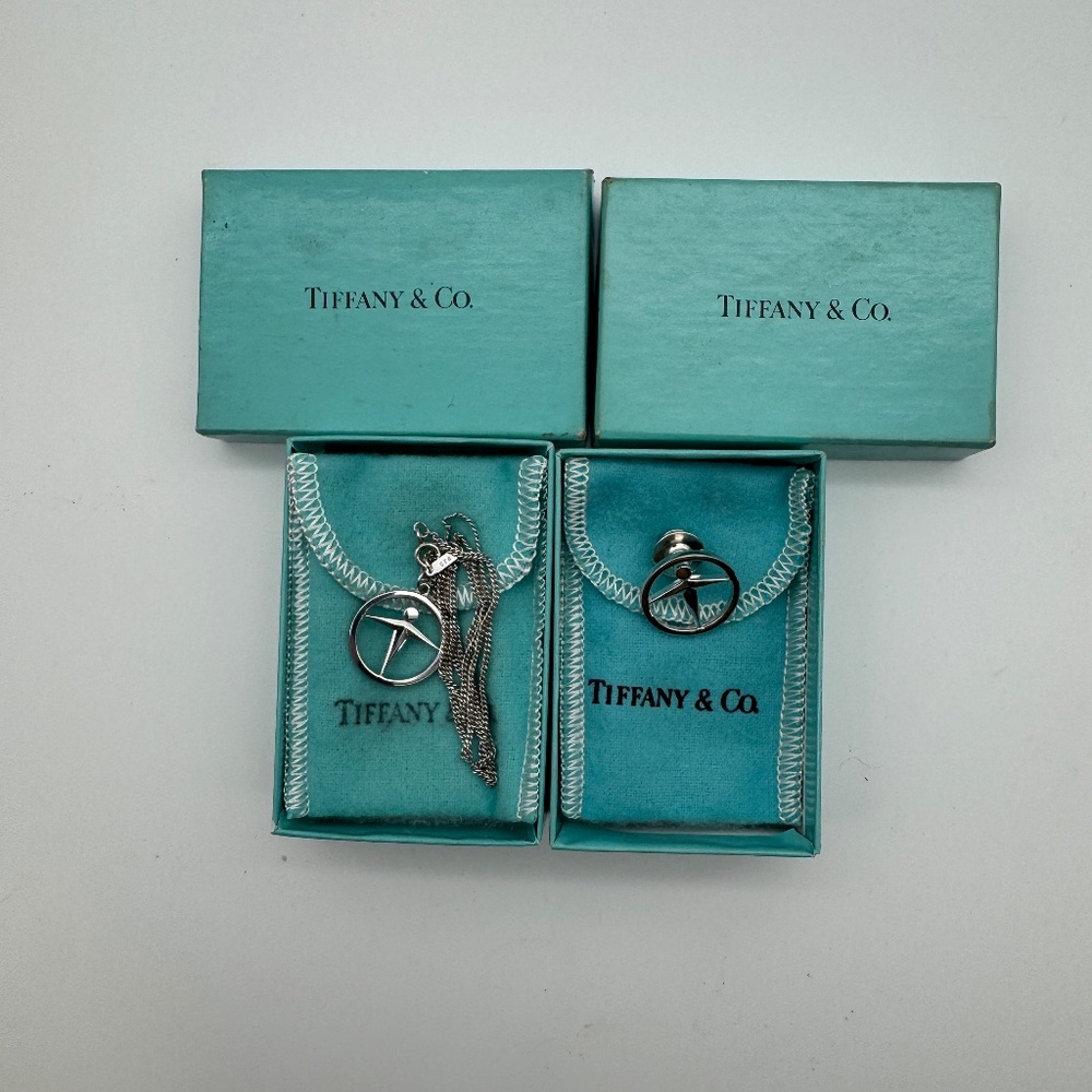 Tiffany & Co 2 Piece Set Manpower Unity 925 Sterling Silver Necklace and Pin